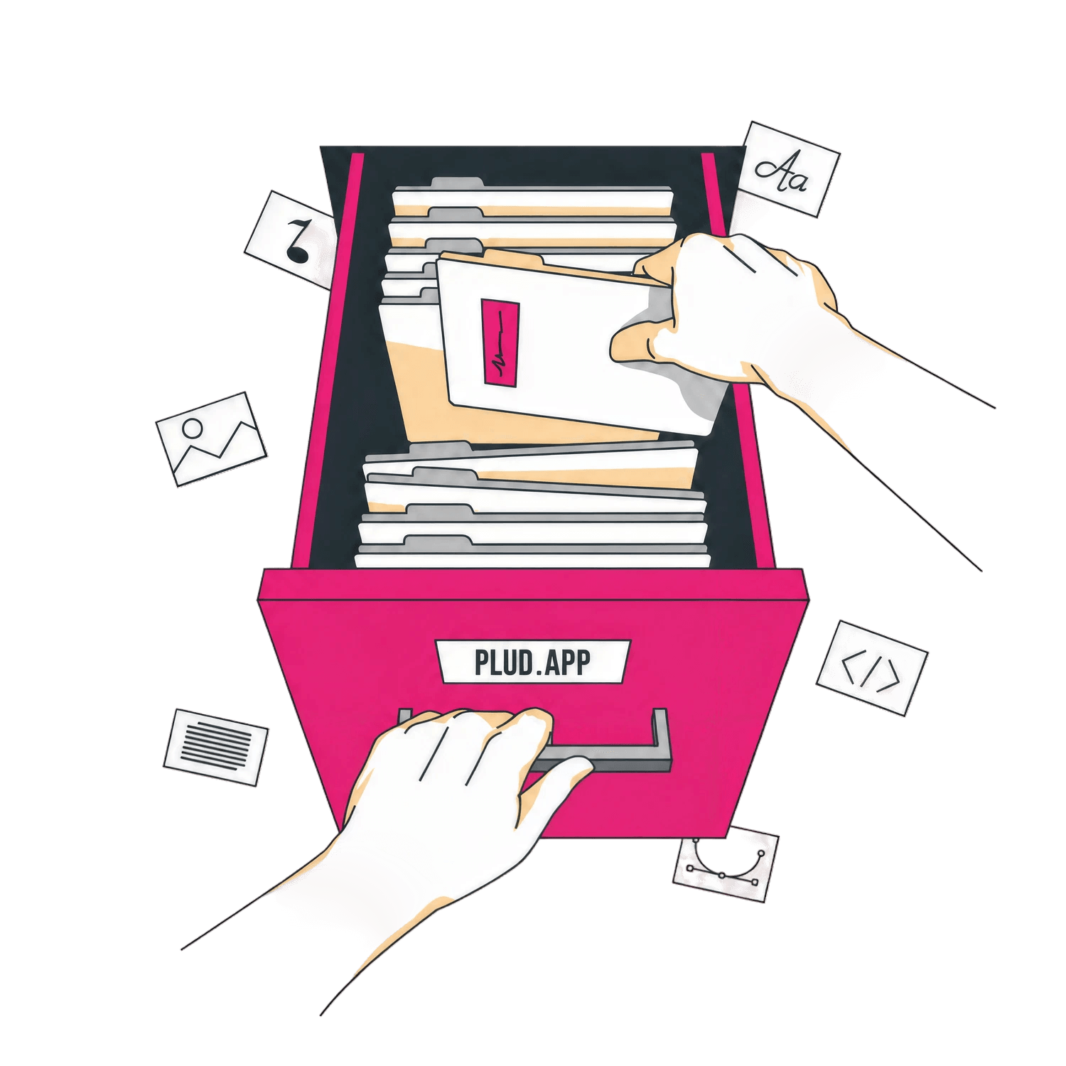 Illustration of hands organizing files in a Plud drawer