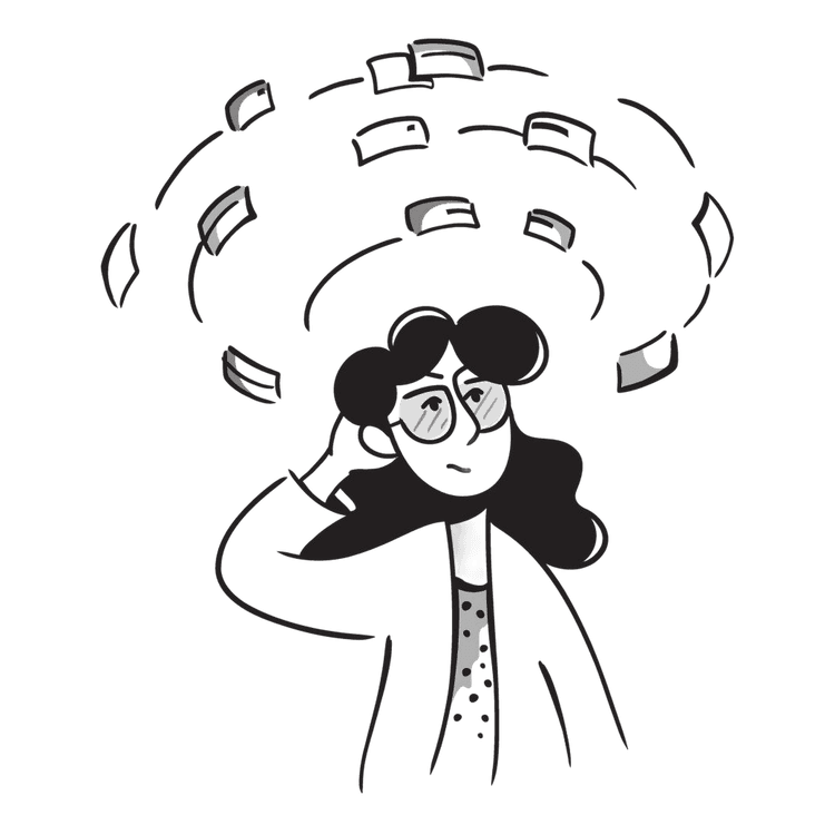 Illustration of a person overwhelmed by scattered documents
